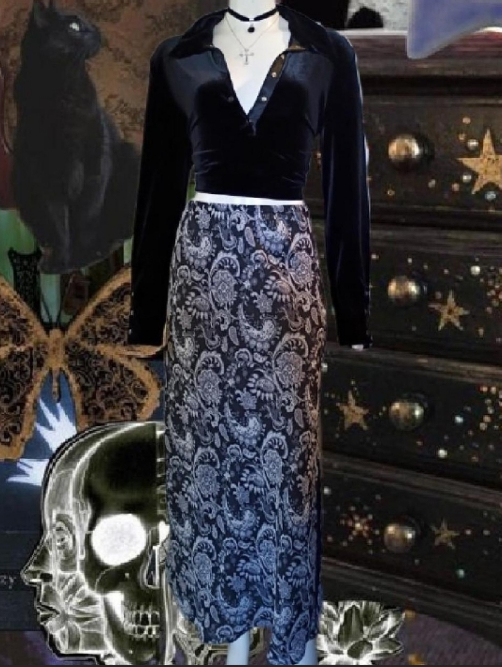 Vtg Y2K Sz L Merona black, white and grey floral and Paisley print maxi skirt